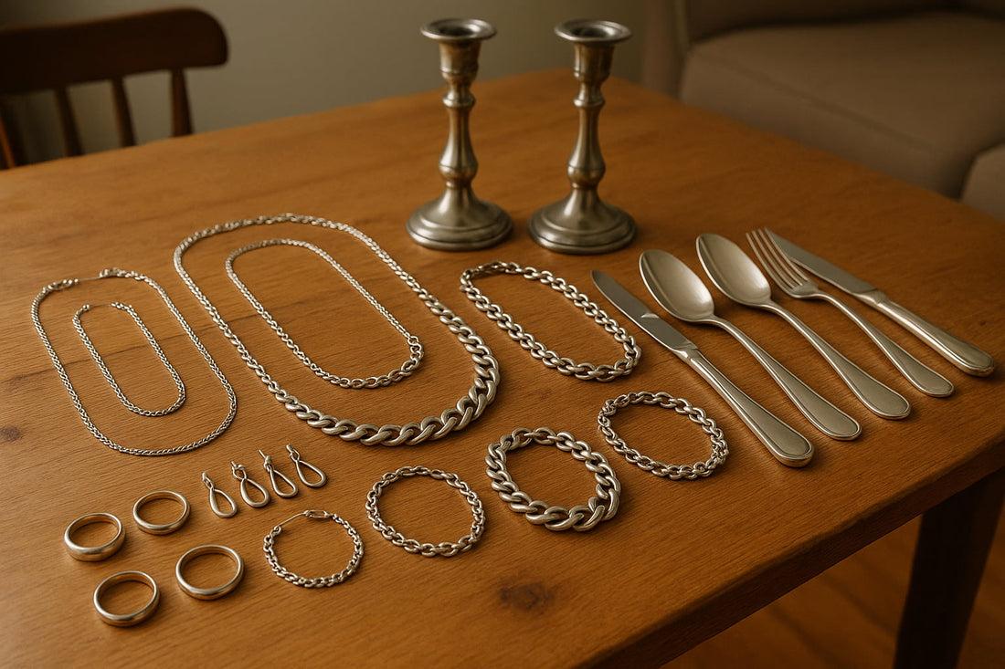 Preparing silver jewerly for cleaning by aligning them in order.
