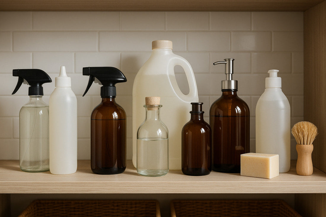 Natural cleaning products reflecting simplicity, streamlining routines, and inspiring effortless decluttering.